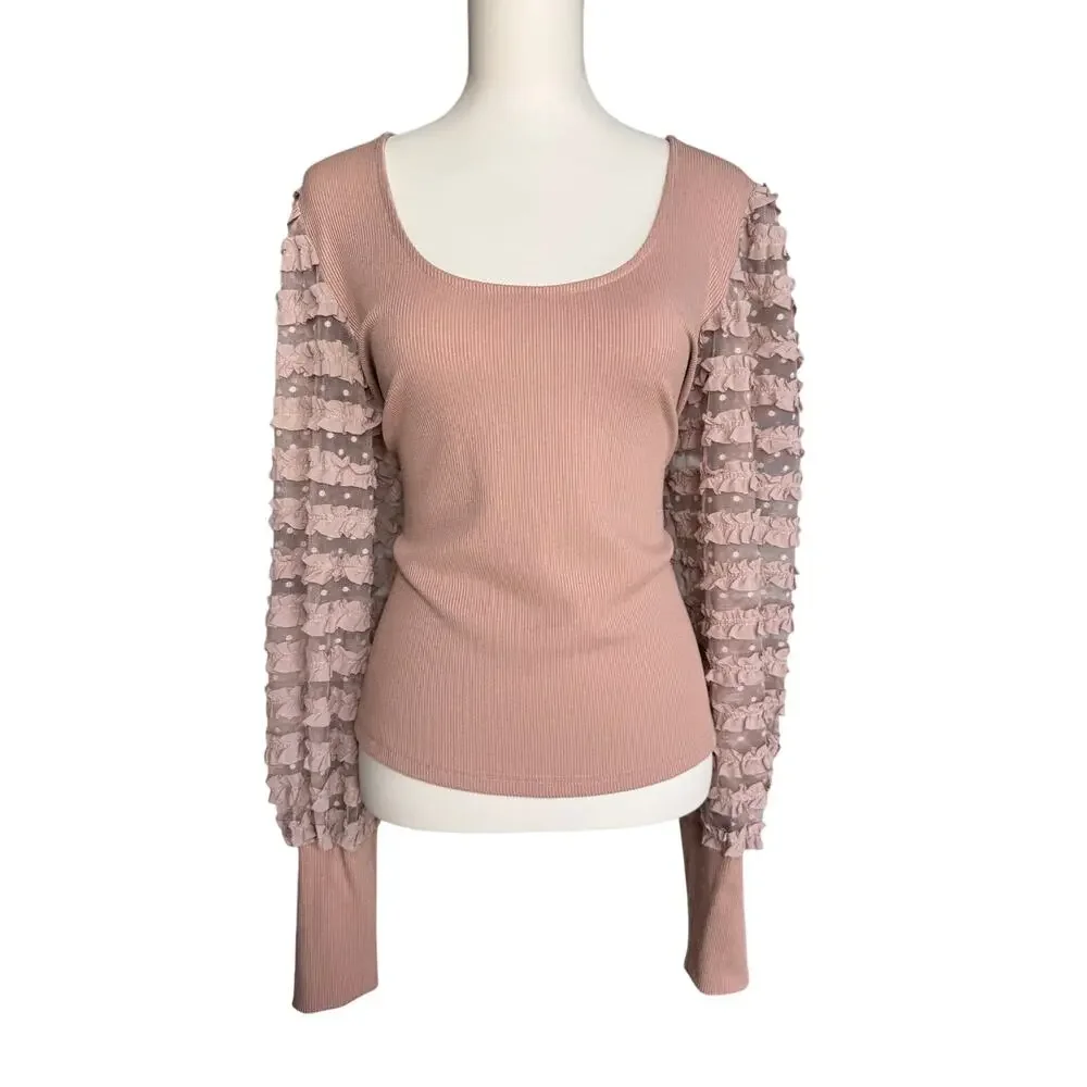 Anthropologie Dolan Left Coast Dusty Rose Ruffle Puff Sleeve Top Size XL